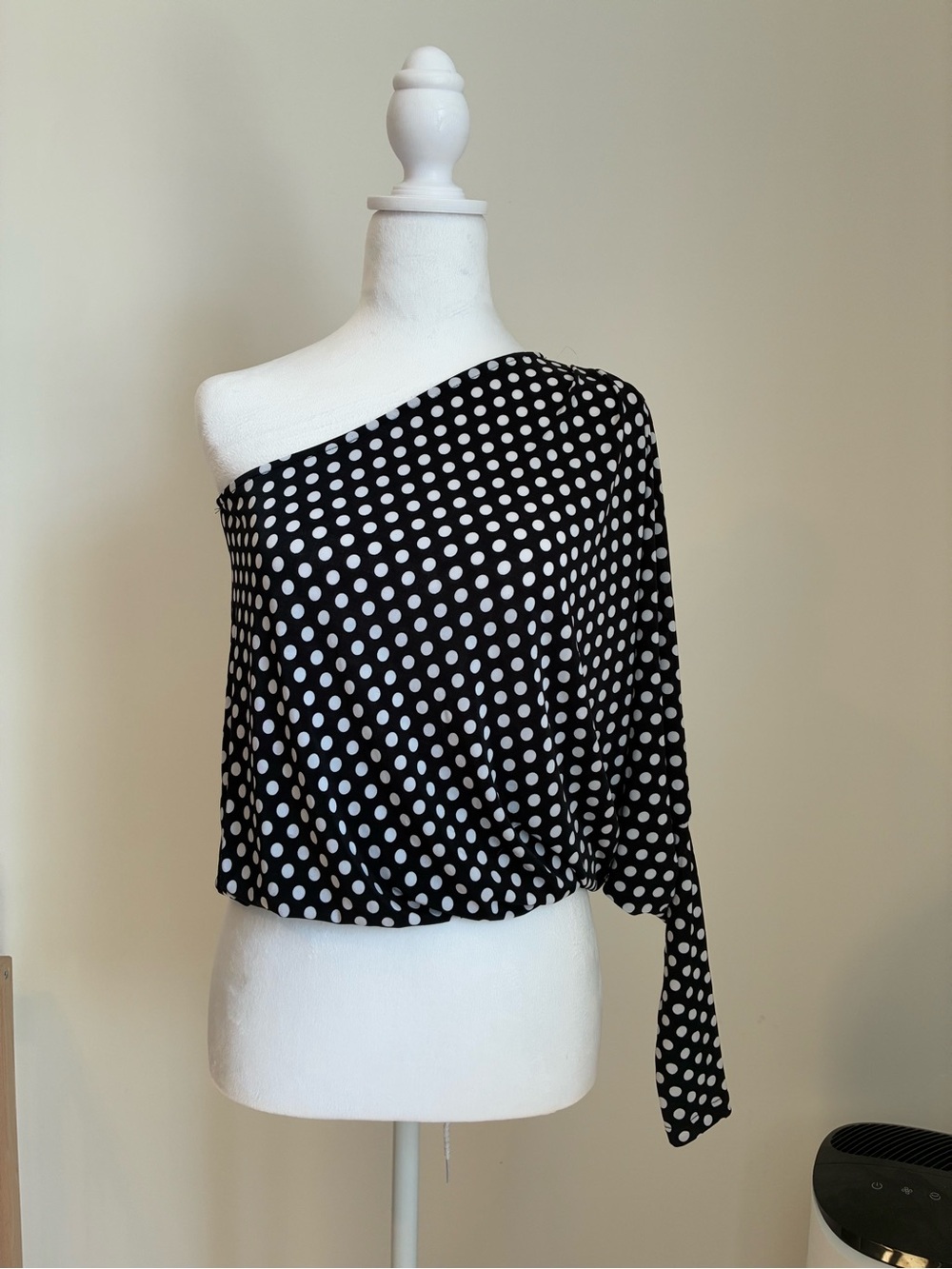 Black and White Polka Dot One-Shoulder Top